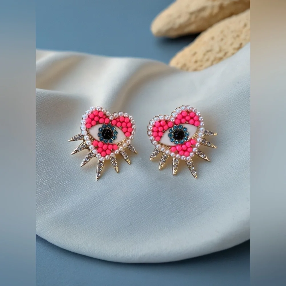 Pink White Gold Heart Rhinestone Evil Eye Post Earrings with Spikes